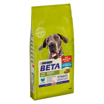 Purina Beta Large Breed Adult dog food bag (14kg) with a gray dog, highlighting turkey as the main ingredient and no artificial additives.