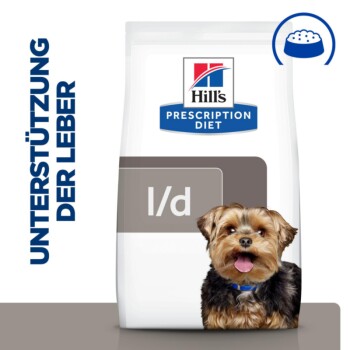 Hill's Prescription Diet I/d Hundefutterbeutel mit einem glücklichen kleinen Hund auf der Vorderseite, mit dem Text "Unterstützung der Leber" auf der linken Seite.
