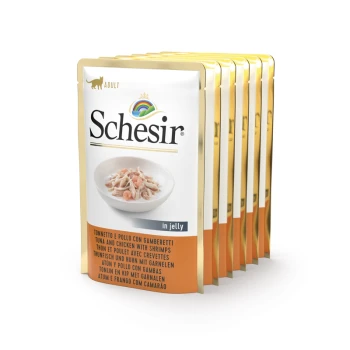Schesir Katzenfutterbeutel für Erwachsene mit Thunfisch und Huhn mit Garnelen in Gelee, in einem Stapel präsentiert, mit mehrsprachigem Text.
