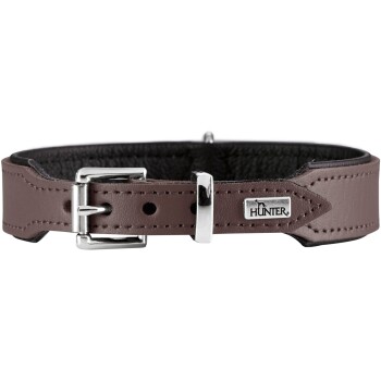 Braunes, gepolstertes Lederhalsband mit silberner Schnalle und metallener "HUNTER"-Logoplatte.