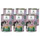 Sechs Dosen Knuffelwuff Tiernahrung mit einer Kuh-Illustration, beschriftet mit "75% Rind mit Kartoffeln und Petersilie," hypoallergen und getreidefrei.
