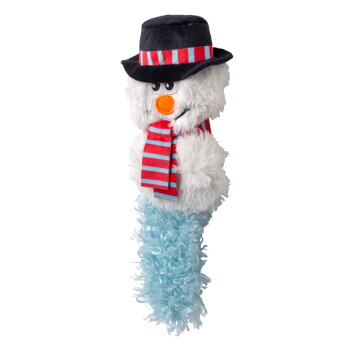 Plush snowman dog toy with black hat, red and blue striped scarf, orange nose, and blue fuzzy body.