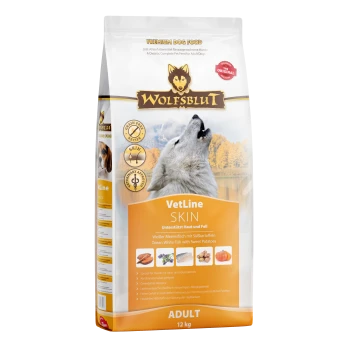 Premium-Hundefutterbeutel "WOLFSBLUT VetLine SKIN," 12 kg, mit heulendem Wolf, der Meeresweißfisch, Süßkartoffeln und Hautunterstützungsansprüche enthält.