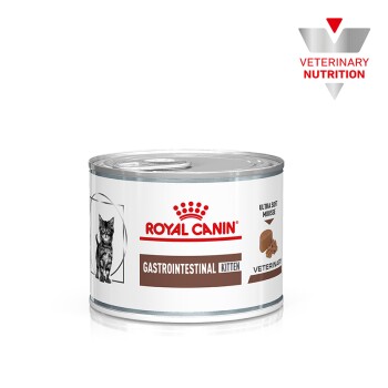 Royal Canin Gastrointestinal Kitten Nassfutterdose, mit einem Kätzchenbild, beschriftet mit "Ultra Soft Mousse" und "Veterinary Nutrition."