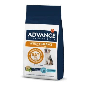 Hunde-Futterbeutel mit der Aufschrift "ADVANCE VETERINARY DIETS WEIGHT BALANCE" für mittelgroße bis große Hunde, mit einem glücklichen Hund und ernährungsphysiologischen Angaben.