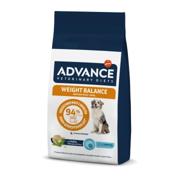 Hunde-Futterbeutel mit der Aufschrift "ADVANCE VETERINARY DIETS WEIGHT BALANCE" für mittelgroße bis große Hunde, mit einem glücklichen Hund und ernährungsphysiologischen Angaben.