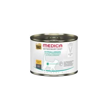 Nourriture pour animaux en conserve étiquetée "Medica Veterinary Diet Hypoallergen" avec poulet et riz, présentant une silhouette de chien et des allégations nutritionnelles.