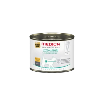 Dosen-Haustierfutter, beschriftet mit "Medica Veterinary Diet Hypoallergen" mit Huhn und Reis, mit einer Silhouette eines Hundes und ernährungsbezogenen Angaben.