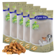 Fünf Säcke Lyra Pet Natural Power Hundefutter, mit einem Haufen Leckereien davor, mit Bildern von einem Hund, einer Katze und einem Kaninchen.