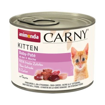 Carny Nassfutter Katze Kitten, Baby-Paté 12x200 g Eine Dose Animonda Carny Kitten Paté mit einem verspielten orangefarbenen Kätzchen-Label, das 100% frische Zutaten, keine Körner oder Zucker, geeignet ab Woche 4 anmerkt.
