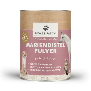 Dose des Nahrungsergänzungsmittels 'Paws & Patch Mariendistel Pulver', rosafarbenes Etikett mit Hund, Katze und Pferd; Text 'für Hunde & Katzen'.