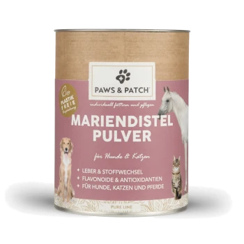 Dose des Nahrungsergänzungsmittels 'Paws & Patch Mariendistel Pulver', rosafarbenes Etikett mit Hund, Katze und Pferd; Text 'für Hunde & Katzen'.