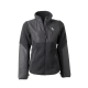 Eine schwarze Fleecejacke mit Reißverschluss, die eine Mischung aus weichem Fleece und glattem Stoff aufweist, sowie ein Logo mit der Aufschrift "DOG COACH."