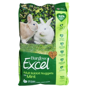 Burgess Excel Adult Rabbit Nuggets with Mint bag featuring two rabbits on a grassy background; highlights 92% ingredients from plants.
