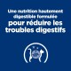 Nutrition hautement digestible formulée pour réduire les troubles digestifs, avec un chat et une icône du système digestif sur fond bleu.