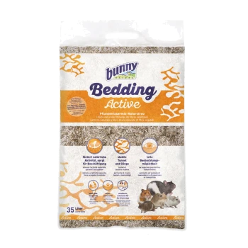 Bunny Bedding Active, ein 35-Liter-Naturpflanzenfaser-Bett für kleine Haustiere, mit Bildern von Meerschweinchen und einer Beschreibung der Vorteile.