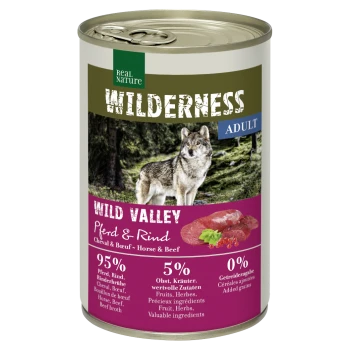Dosenfutter "Wilderness Wild Valley" mit einem Wolf auf dem Etikett, 95% Pferd und Rind, 5% Früchte und Kräuter, keine zugesetzten Körner.