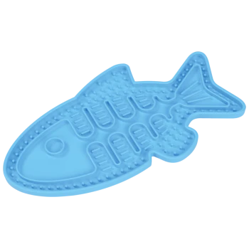 Blaue, fischförmige Haustier-Futtermatte mit strukturierter Oberfläche und erhöhten Rändern.