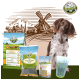 Ein brauner und weißer Hund sitzt neben Bellfor-Haustierfutterprodukten: Trockenfutter, weiche Snacks, ein Ergänzungspulver und ein Messbecher.