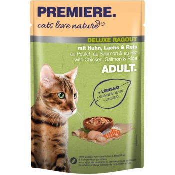cats love nature Deluxe Ragout mit Huhn, Lachs und Reis 24x100 g Katzenfutterbeutel beschriftet "Premiere. Katzen lieben die Natur" mit "Deluxe Ragout" mit Huhn, Lachs und Reis für Erwachsene, enthält Leinsamen.