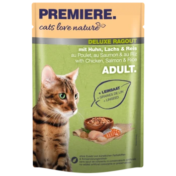 Katzenfutterbeutel beschriftet "Premiere. Katzen lieben die Natur" mit "Deluxe Ragout" mit Huhn, Lachs und Reis für Erwachsene, enthält Leinsamen.