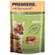 Pochette de nourriture pour chats étiquetée 'Premiere. Cats Love Nature' avec 'Deluxe Ragout' au poulet, saumon et riz pour adultes, incluant des graines de lin.