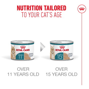 Royal Canin cans 11+ and 15+. Visible text: Nutrition tailored to your cat's age; Over 11 years old; Over 15 years old.