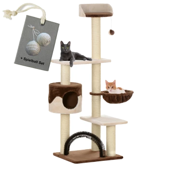 Katzenbaum mit zwei Katzen, einer grauen und einer orangefarbenen, die auf verschiedenen Ebenen entspannen; beinhaltet einen Kratzbaum und ein Etikett mit der Aufschrift "+ Spielball Set."