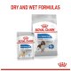 Royal Canin dog food packaging featuring dry and wet formulas for weight care, labeled "LIGHT WEIGHT CARE" with images of dogs.