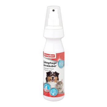 Beaphar Zahnpflegespray für Haustiere, mit einem Hund und einer Katze auf dem Etikett. Der Text enthält "Zahnpflege Zerstäuber," "Bekämpft Plaque," und "Frischer Atem."