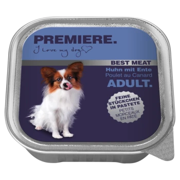 Verpackung für Hundefutter mit einem Papillon-Hund, der sich die Lippen leckt, mit der Aufschrift "PREMIERE. Ich liebe meinen Hund," mit "BEST MEAT Huhn mit Ente" und "ADULT."