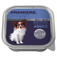 Emballage de nourriture pour chiens avec un chien Papillon se léchant les lèvres, étiqueté "PREMIERE. I love my dog," avec "BEST MEAT Huhn mit Ente" et "ADULT."