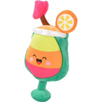 Plüsch-Spielzeug in Form eines Cocktails mit lächelndem Gesicht, grünem Stiel, orange-rosa gestreiftem Körper, Filz-Limettenscheibe und rosa Schirmchen.