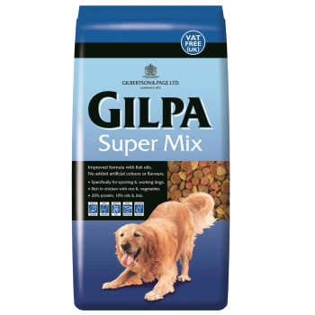 Super Mix 15 kg Sack Gilpa Super Mix Hundefutter für Sporthunde, mit einem Golden Retriever und der Hervorhebung seiner hühnerreichen Formel.