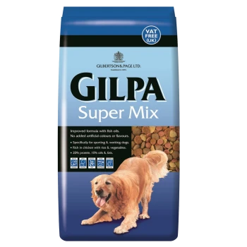 Sack Gilpa Super Mix Hundefutter für Sporthunde, mit einem Golden Retriever und der Hervorhebung seiner hühnerreichen Formel.