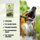 Ein Hund kaut auf einem Stock neben "eat SMALL Dental" Leckerlis, die die Zahnpflege und Eignung für empfindliche, allergiefreundliche erwachsene Hunde hervorheben.