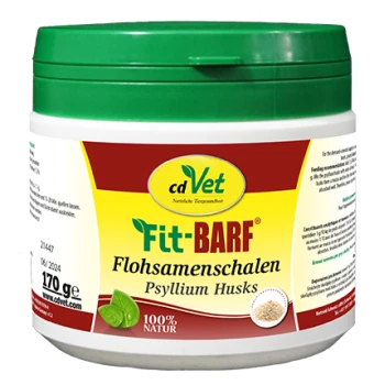 Behälter mit cdVet Fit+BARF Flohsamenschalen, 170g, mit einem grünen Deckel und einem Etikett mit Nährwertinformationen und einem 100% natürlichen Anspruch.