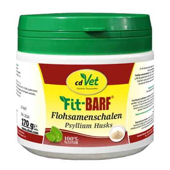 Behälter mit cdVet Fit+BARF Flohsamenschalen, 170g, mit einem grünen Deckel und einem Etikett mit Nährwertinformationen und einem 100% natürlichen Anspruch.