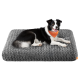 Schwarz-weißer Border Collie mit orangefarbener Bandana, liegend auf einem strukturierten grauen Haustierbett mit orangefarbenem Etikett.