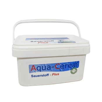 Weißer Kunststoffbehälter mit der Aufschrift 'Aqua-Cereal Sauerstoff - Plus', mit einem Griff und einem Wassertropfendesign.