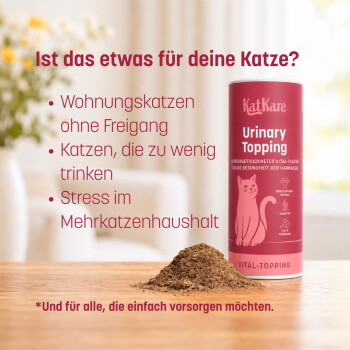 Rosa KatKare 'Urinary Topping'-Dose mit Pulverhaufen; deutsche Überschrift: 'Ist das etwas für deine Katze?' und drei Aufzählungspunkte.