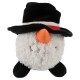 Plüsch-Schneemannspielzeug mit einem schwarzen Hut und rotem Band, einer orangen Karottennase und einem lächelnden Gesicht, entworfen für Haustiere.