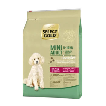 Select Gold Mini Adult dog food bag, 5-10 kg, for sensitive dogs, featuring a white poodle and text highlighting ingredients: horse and tapioca.