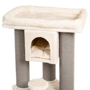 Cremefarbener Kratzbaum für Katzen mit einem plüschigen Oberteil, einem gemütlichen Versteck und strukturierten Kratzpfosten.