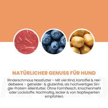 Ein Hund auf einem Sofa mit einer Überlagerung für Bewertungen: "Bestes Futter überhaupt. Sehr zu empfehlen." - Gabriele F., 4,8/5 aus 7.191 Bewertungen.