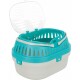 Un transporteur pour animaux de compagnie turquoise et blanc avec un design ventilé et un couvercle transparent, idéal pour transporter de petits animaux.