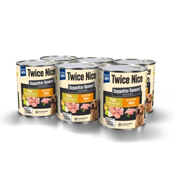 Sechs Dosen Nutri QM Twice Nice Hundefutter mit Truthahn, Kartoffel und Birne, beschriftet mit "Doppelter Genuss!" und "Made in Germany."