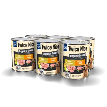 Sechs Dosen Nutri QM Twice Nice Hundefutter mit Truthahn, Kartoffel und Birne, beschriftet mit "Doppelter Genuss!" und "Made in Germany."