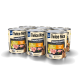 Sechs Dosen Nutri QM Twice Nice Hundefutter mit Truthahn, Kartoffel und Birne, beschriftet mit "Doppelter Genuss!" und "Made in Germany."