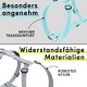 Hellblaues und graues Haustiergeschirr, beschriftet mit "Besonders angenehm" und "Widerstandsfähige Materialien", hebt Komfort und Haltbarkeit hervor.